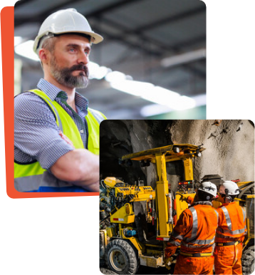 A picture of bearded man in a safety vest and hard hat overlooking a job, with another image of two construction workers looking at some machinery